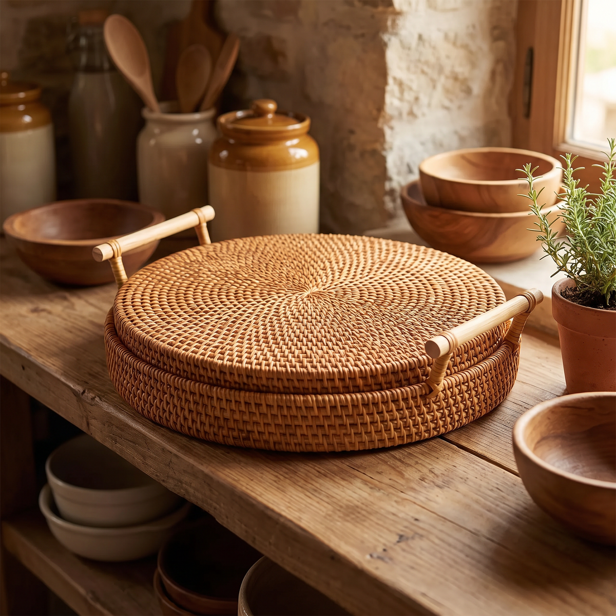 Handwoven rattan storage tray with lid on a farmhouse kitchen shelf