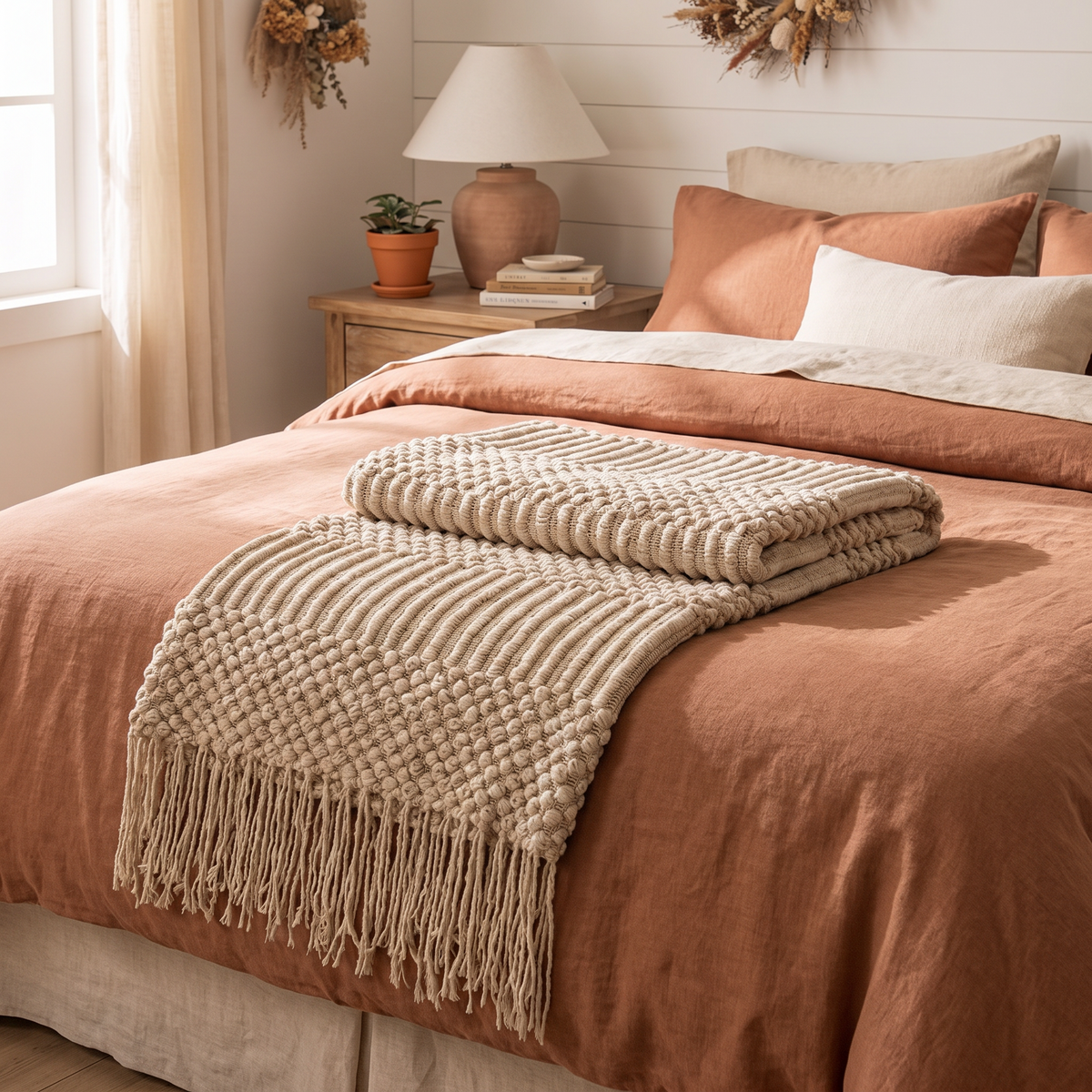 Chunky khaki knitted throw blanket with tassels on a farmhouse bed